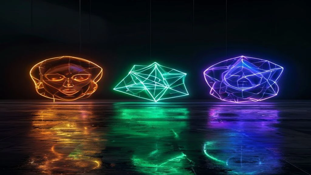 Comparaison modèles IA — Claude Anthropic amber, ChatGPT vert néon, Gemini bleu-rose — dark studio floating